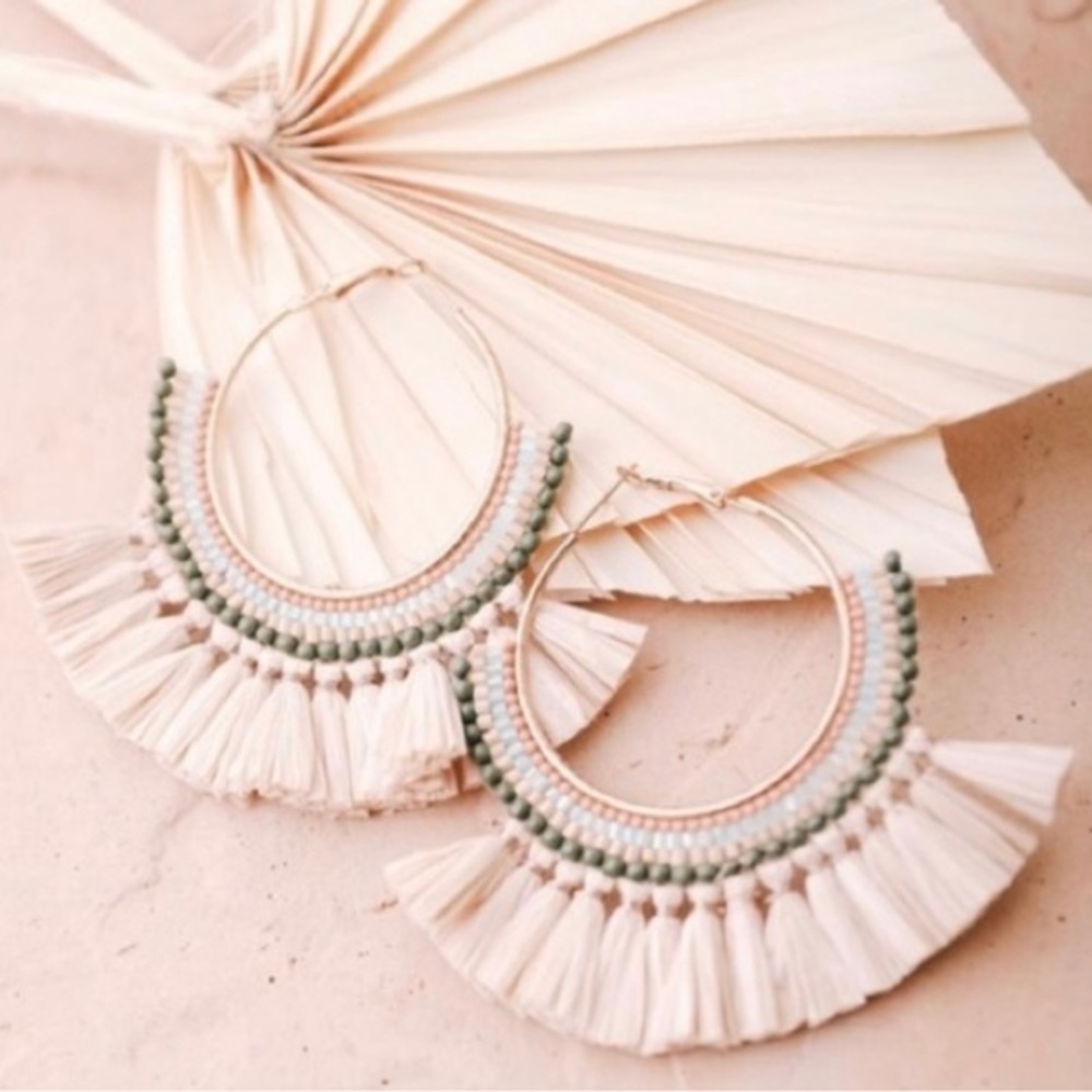 Earthy Natural Bead Raffia Fan Hoop Earrings